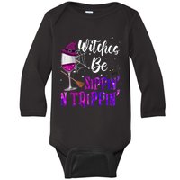 Witches Be Sippin N Trippin Halloween Drinking Funny Black Cat Baby Long Sleeve Bodysuit