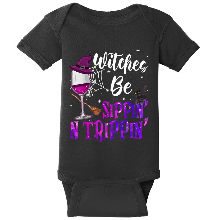 Witches Be Sippin N Trippin Halloween Drinking Funny Black Cat Baby Bodysuit