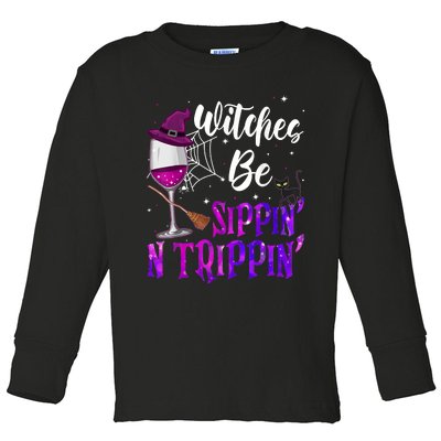 Witches Be Sippin N Trippin Halloween Drinking Funny Black Cat Toddler Long Sleeve Shirt