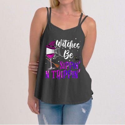 Witches Be Sippin N Trippin Halloween Drinking Funny Black Cat Women's Strappy Tank