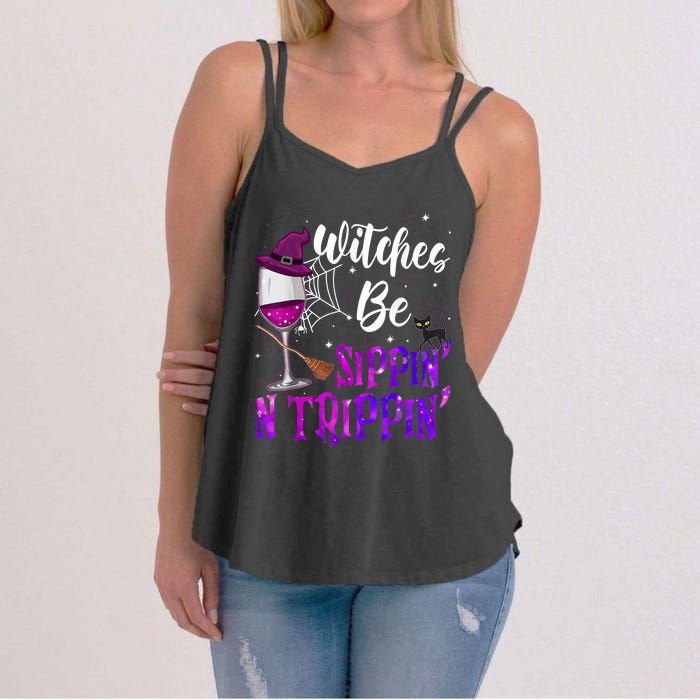 Witches Be Sippin N Trippin Halloween Drinking Funny Black Cat Women's Strappy Tank