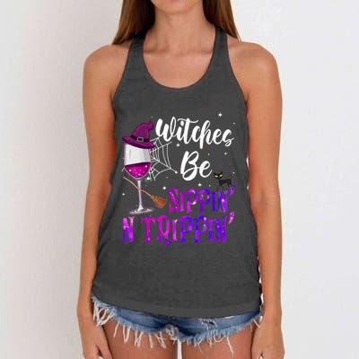 Witches Be Sippin N Trippin Halloween Drinking Funny Black Cat Women's Knotted Racerback Tank