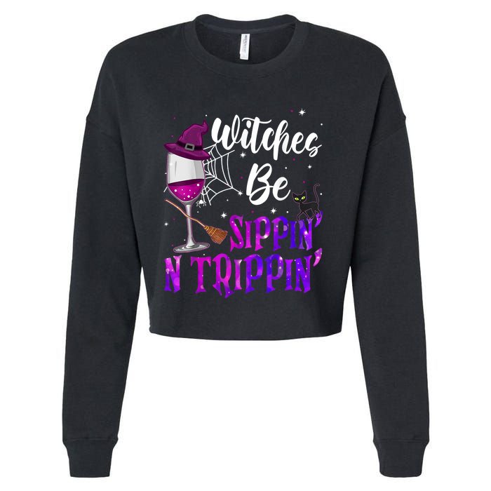 Witches Be Sippin N Trippin Halloween Drinking Funny Black Cat Cropped Pullover Crew