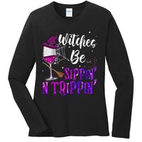 Witches Be Sippin N Trippin Halloween Drinking Funny Black Cat Ladies Long Sleeve Shirt