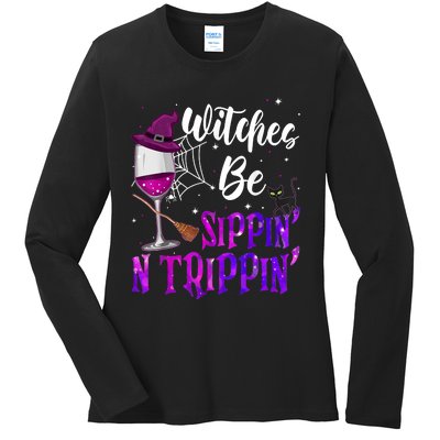 Witches Be Sippin N Trippin Halloween Drinking Funny Black Cat Ladies Long Sleeve Shirt