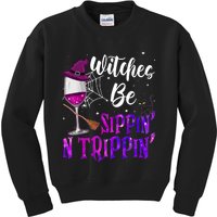 Witches Be Sippin N Trippin Halloween Drinking Funny Black Cat Kids Sweatshirt