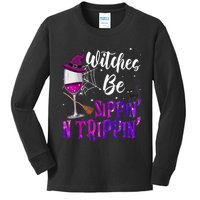 Witches Be Sippin N Trippin Halloween Drinking Funny Black Cat Kids Long Sleeve Shirt