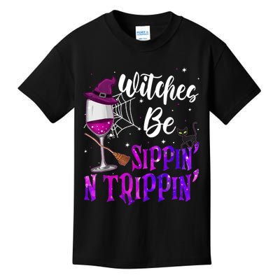 Witches Be Sippin N Trippin Halloween Drinking Funny Black Cat Kids T-Shirt