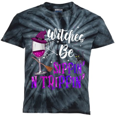 Witches Be Sippin N Trippin Halloween Drinking Funny Black Cat Kids Tie-Dye T-Shirt