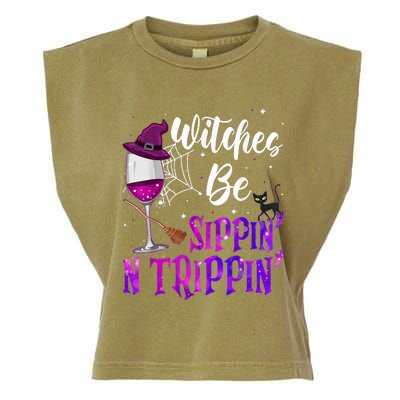 Witches Be Sippin N Trippin Halloween Drinking Funny Black Cat Garment-Dyed Women's Muscle Tee