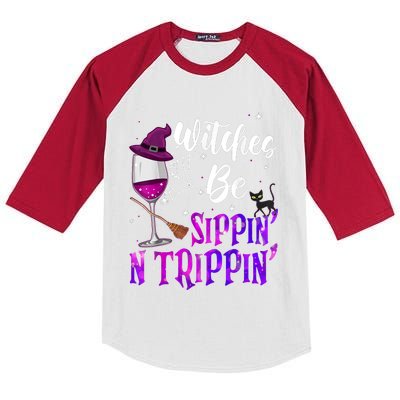 Witches Be Sippin N Trippin Halloween Drinking Funny Black Cat Kids Colorblock Raglan Jersey