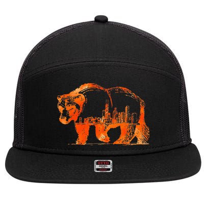 Walking Bear Silhouette Downtown Chicago City Skyline Gift 7 Panel Mesh Trucker Snapback Hat