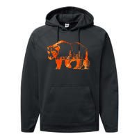 Walking Bear Silhouette Downtown Chicago City Skyline Gift Performance Fleece Hoodie