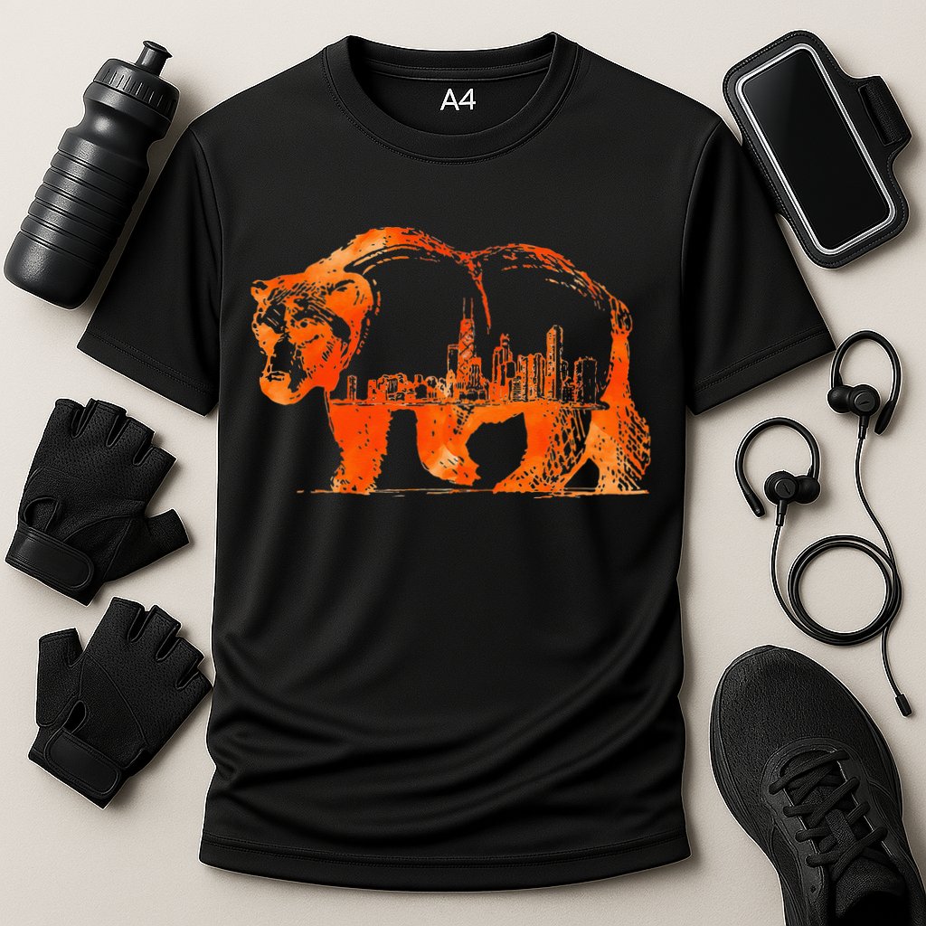 Walking Bear Silhouette Downtown Chicago City Skyline Gift Cooling Performance Crew T-Shirt