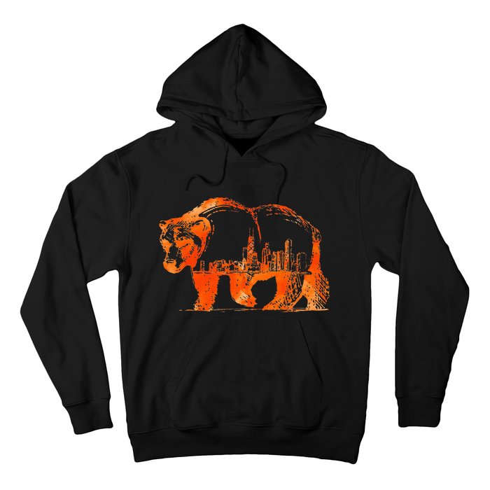 Walking Bear Silhouette Downtown Chicago City Skyline Gift Hoodie