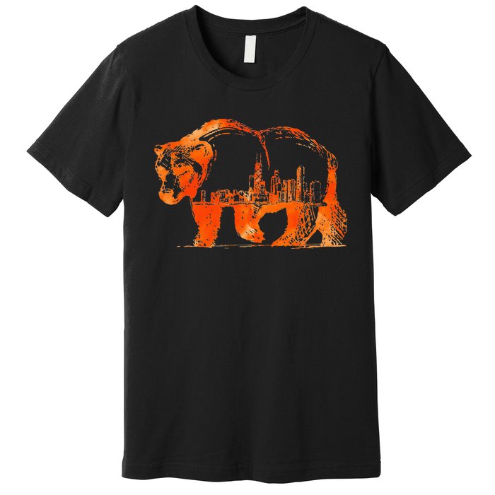 Walking Bear Silhouette Downtown Chicago City Skyline Gift Premium T-Shirt