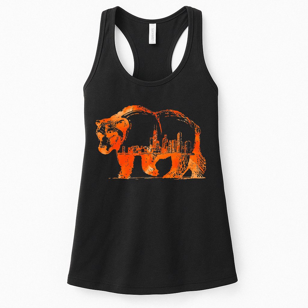 Walking Bear Silhouette Downtown Chicago City Skyline Gift Womens Tank Top