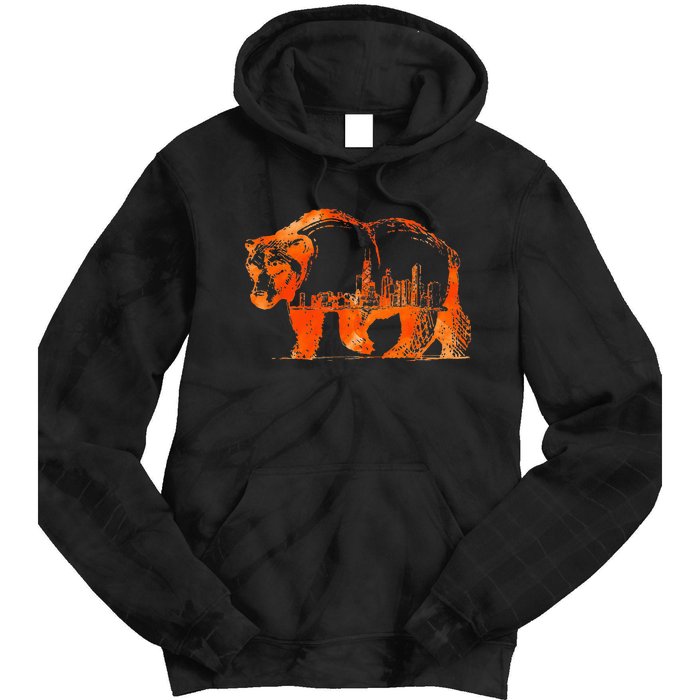 Walking Bear Silhouette Downtown Chicago City Skyline Gift Tie Dye Hoodie