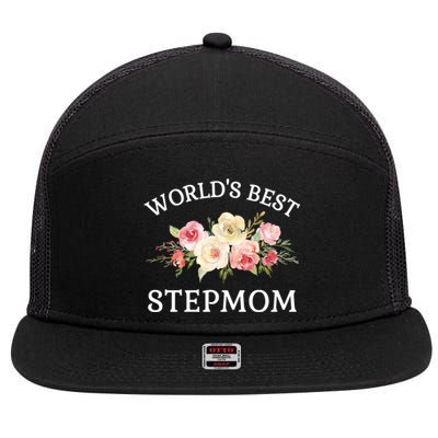 World's Best Stepmom Pink Watercolor Flower Bouquet Gift 7 Panel Mesh Trucker Snapback Hat