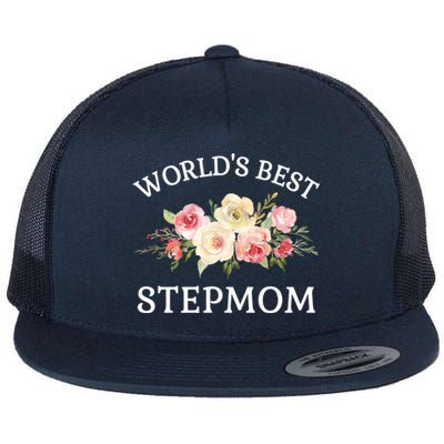 World's Best Stepmom Pink Watercolor Flower Bouquet Gift Flat Bill Trucker Hat