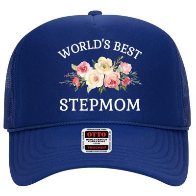 World's Best Stepmom Pink Watercolor Flower Bouquet Gift High Crown Mesh Back Trucker Hat