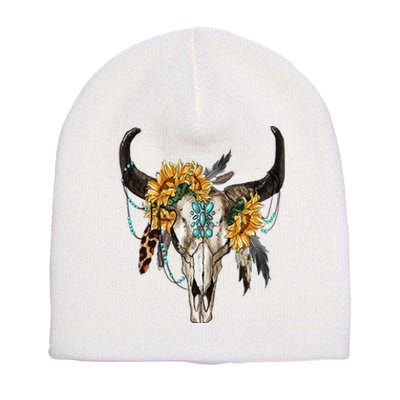 Western Boho Sunflowers Turquoise Cow Bull Skull Short Acrylic Beanie