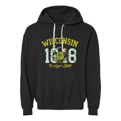 Wisconsin Badger State Flag Vintage Fade Garment-Dyed Fleece Hoodie