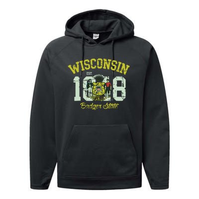 Wisconsin Badger State Flag Vintage Fade Performance Fleece Hoodie