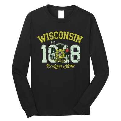 Wisconsin Badger State Flag Vintage Fade Long Sleeve Shirt