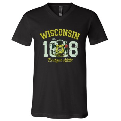 Wisconsin Badger State Flag Vintage Fade V-Neck T-Shirt