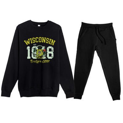 Wisconsin Badger State Flag Vintage Fade Premium Crewneck Sweatsuit Set