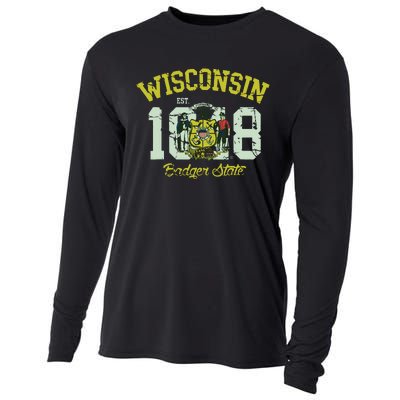 Wisconsin Badger State Flag Vintage Fade Cooling Performance Long Sleeve Crew