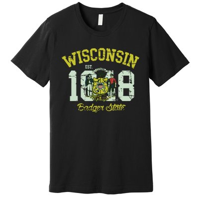 Wisconsin Badger State Flag Vintage Fade Premium T-Shirt