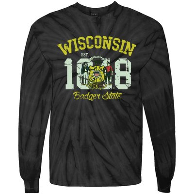 Wisconsin Badger State Flag Vintage Fade Tie-Dye Long Sleeve Shirt