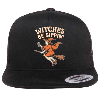 Witches Be Sippin Wine Funny Halloween Witchy Fall Flat Bill Trucker Hat