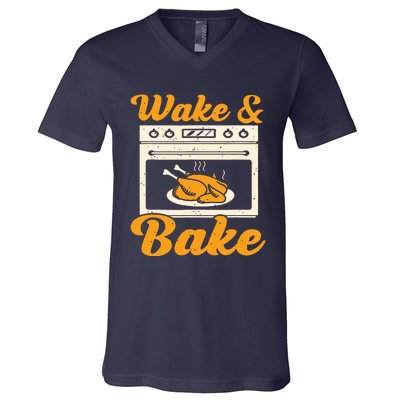 Wake Bake Turkey Feast Meal Dinner Chef Funny Thanks Giving V-Neck T-Shirt