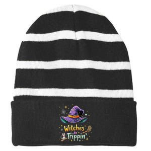 Witches Be Trippin Funny Witch Halloween Striped Beanie with Solid Band