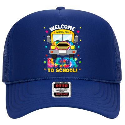 Welcome Back To School Funny Outfit School Bus Driver High Crown Mesh Back Trucker Hat