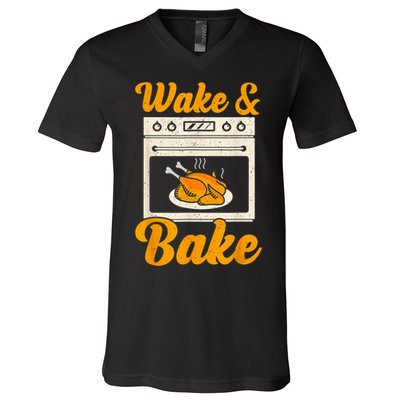 Wake Bake Turkey Feast Meal Dinner Chef Thanksgiving V-Neck T-Shirt