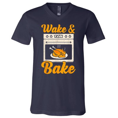 Wake Bake Turkey Feast Meal Dinner Chef Thanksgiving V-Neck T-Shirt