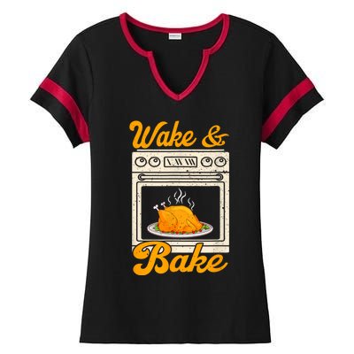 Wake Bake Turkey Feast Meal Dinner Chef Funny Thanksgiving Ladies Halftime Notch Neck Tee