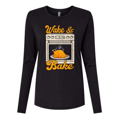 Wake Bake Turkey Feast Meal Dinner Chef Funny Thanksgiving Womens Cotton Relaxed Long Sleeve T-Shirt