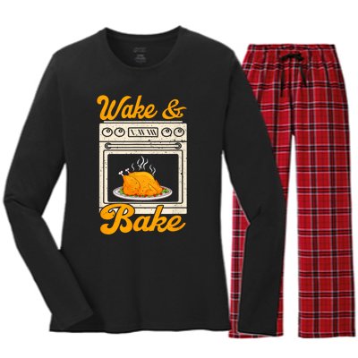 Wake Bake Turkey Feast Meal Dinner Chef Funny Thanksgiving Women's Long Sleeve Flannel Pajama Set 