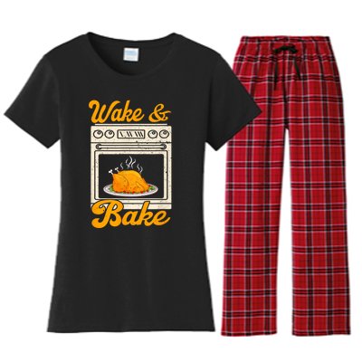 Wake Bake Turkey Feast Meal Dinner Chef Funny Thanksgiving Women's Flannel Pajama Set