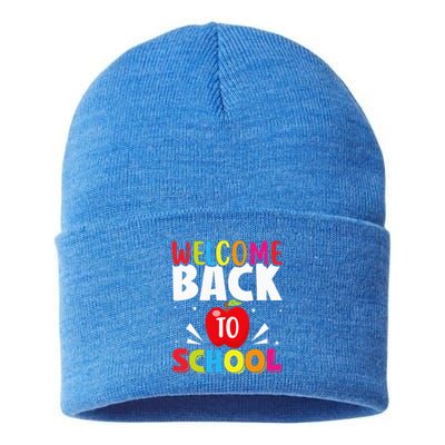 Welcome Back To School Retro First Day Of School Teacher Sustainable Knit Beanie