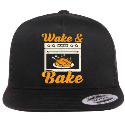 Wake Bake Turkey Feast Meal Dinner Chef Funny Thanksgiving Flat Bill Trucker Hat