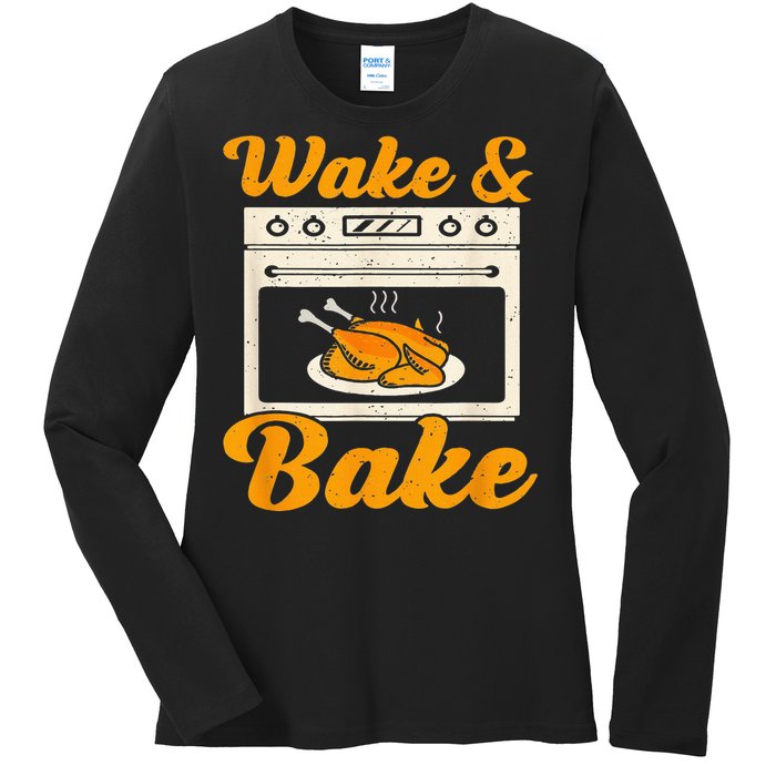 Wake Bake Turkey Feast Meal Dinner Chef Ladies Long Sleeve Shirt