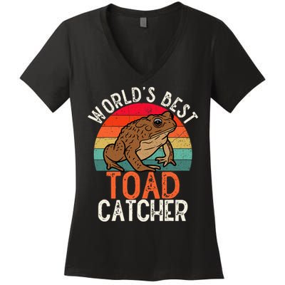 Worlds Best Toad Catcher Funny Amphibian Toad Women's V-Neck T-Shirt