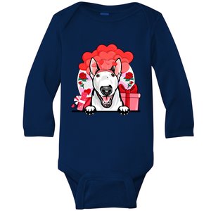 White Bull Terrier Valentines Day Dog Hearts Flowers Gift Baby Long Sleeve Bodysuit