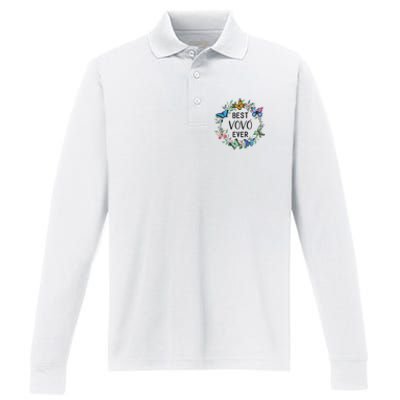 Wo Best Vovo Ever Butterfly Floral Personalized Name Performance Long Sleeve Polo